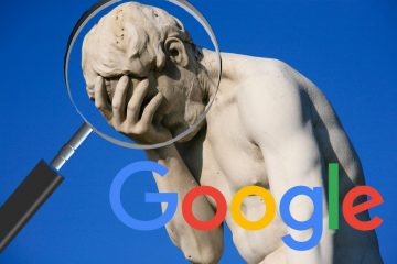 A statue looks ashamed as a magnifying glass hovers over its face and the Google logo is displayed in the corner.