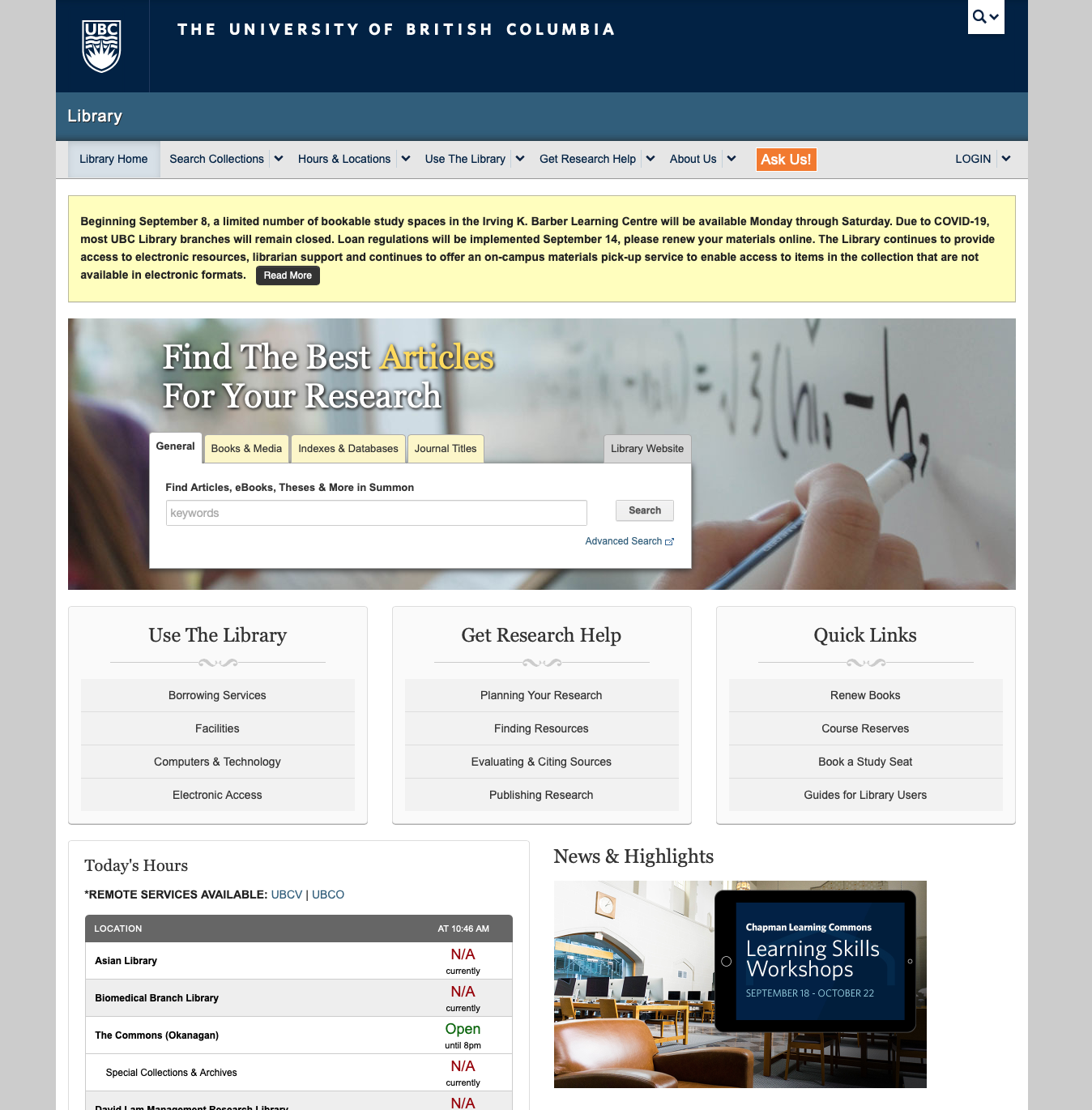 UBC Library website home page