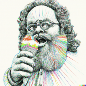 Sketch of a man with unruly hair and a beard eating an ice cream cone. The man is sketched in black while the ice cream cone is colourful, and the colours radiate out of the ice cream.
