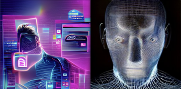 Image on left: abstract, colourful art in a synth wave style. Vague outline of a man with computer-like objects around him. Image on right: Distorted face of a bald person made out of lines, digital style. 