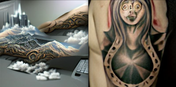 Image on left: two arms with black and white and landscape tattoos on arm, clouds floating around the image. Image on right: tattoo of woman-like creature on arm, scary.